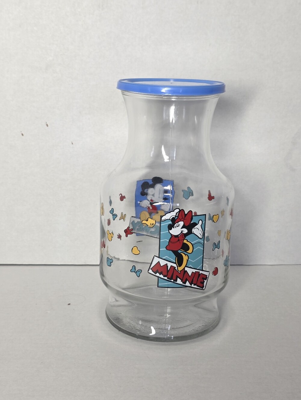 Vintage Disney Mini & Mickey Mouse Glass Juice Carafe Container Plastic Cover
